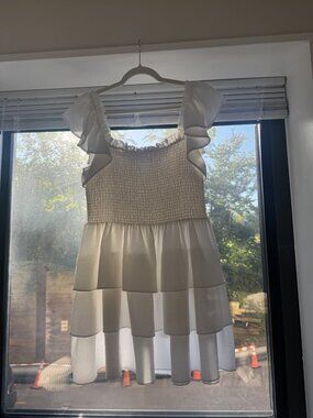 Express Smocked Flutter Sleeve Tiered Mini Dress White L